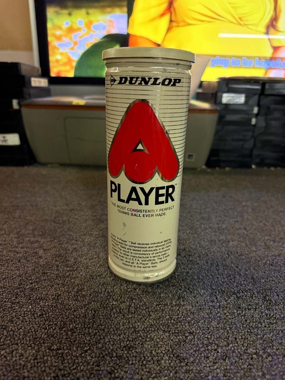 Vintage Dunlop A Player Metal Tennis Ball Can with 3 Yellow Tennis Balls